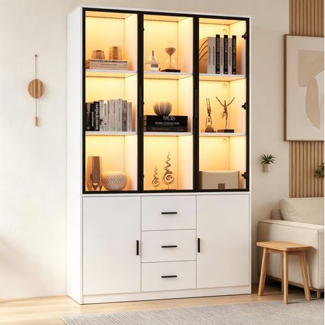 Vitrine mit Glasschrank Tür und LED-Licht, Vitrinenschrank Glasvitrine mit MultiStorage Bücherregal, Highboard Sammlervitrine mit Griff, 3 Schubladen & Türen ,Wohnzimmerschrank, Weiß, 120x30x200 cm (1/5)
