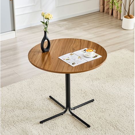 Mesa auxiliar redonda moderna con tablero efecto nogal y base de trípode de metal negro, para uso diario. (1/5)