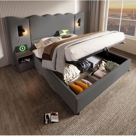 Polsterbett 180/200 cm grau aus Leinen mit Stauraum, Leselampe und USB-C (1/5)