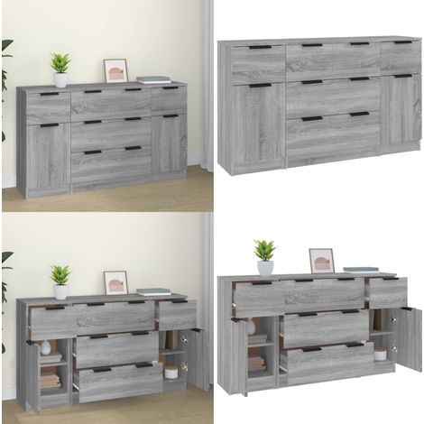 Set de aparador 3 piezas madera contrachapada gris sonoma - Aparador madera contrachapada - Aparador con cajones
