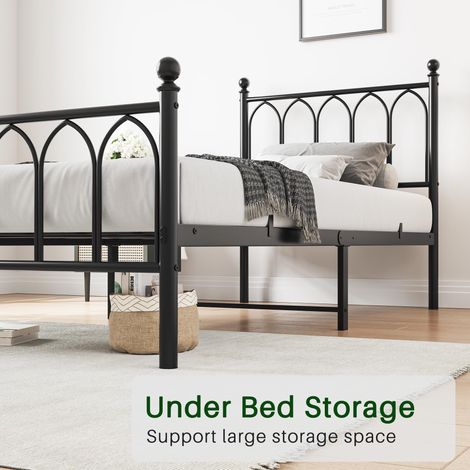 Cadre de lit en métal 90x200cm noir, têtière et pied de lit vintage, support robuste en acier avec lattes, espace de rangement sous le lit, sans sommier nécessaire. (1/5)