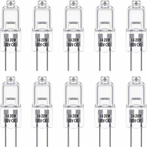 Ensemble de 10 ampoules halogènes G4 de 12V et 20W. Ces ampoules émettent une lumière blanche chaude de 3000K, avec une luminosité de 350 lumens. Elles sont gradables et ont un aspect transparent. (1/5)