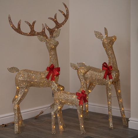 3 Gold Glitter Light Up Reindeer Family with 210 LEDs & Timer (1/5)