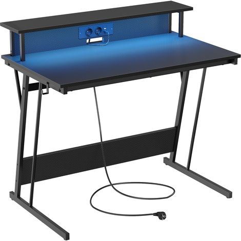 Bureau Gaming avec LED et Multiprise, Table Gamer, Bureau Informatique avec Rehausseur d’Écran, pour 2 Ordinateurs, pour Chambre, 60 x 100 x 76 cm, Noir Carbone (1/5)