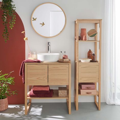 Badmöbel 70cm Eiche Hochschrank Waschbecken Spiegel Armatur ATOLL
