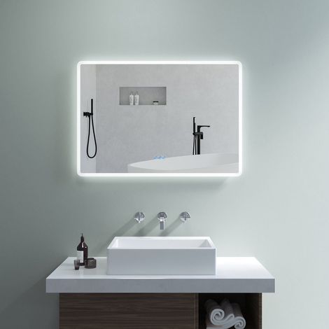 LED Badspiegel Badezimmerspiegel mit Beleuchtung 100x70cm Touch Wandspiegel Antibeschlage, Energiesparend Lichtspiegel, IP44, Kaltweißes 6400K & Warmweiß 3000K BORAS-Serie abgerundete Ecken (1/5)