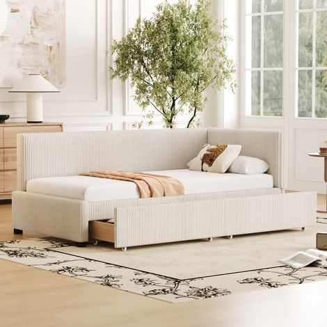 Lit gigogne 90x200cm, velours, canapé-lit rembourré avec 2 tiroirs, sommier à lattes, canapé-lit multifonction, style moderne - Beige (1/5)