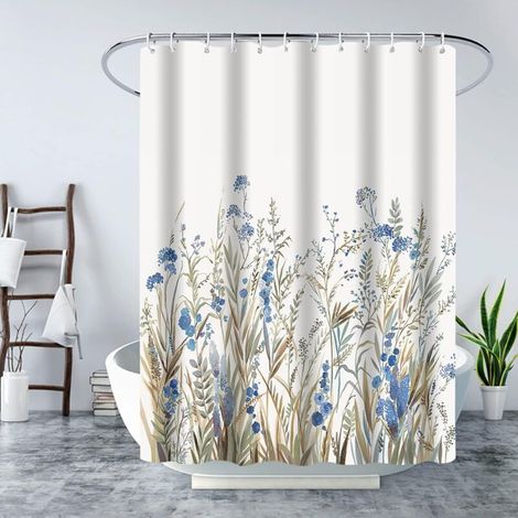 Rideaux de douche bleus pour salle de bain, ensembles de rideaux de douche floraux, rideaux de douche rustiques, rideaux de douche en tissu imperméable - 182,9 x 182,9 cm (avec 12 crochets) (1/4)