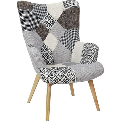 The Home Deco Factory – Fauteuil relax patchwork confortable – Revêtement doux en tissu – Pieds en bois brut – Design original pour salon