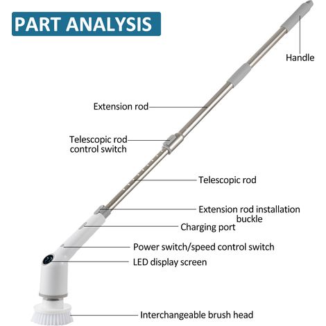 Épurateur électrique, brosse de nettoyage sans fil, brosse de douche avec 8 têtes remplaçables, épurateur électrique 3 vitesses réglables, manche long réglable et amovible pour carrelage de salle de b (1/5)