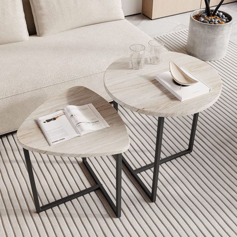 Tables basses rondes gigognes lot de 2, 45x48 et 42x40 cm, gain de place, style industriel, bois et métal, blanc (1/5)