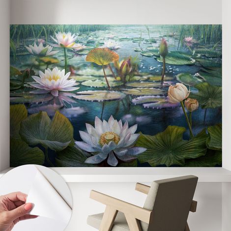 Papier peint autocollant adhésif décoratif avec motifs pour salon et chambre a motif Fleurs de l'étang 104x70 cm (1/5)