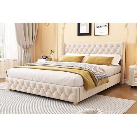 Lit 160x200 cm en velours beige clair, tête de lit capitonnée à boutons et clous, pieds en bois, avec sommier (1/5)