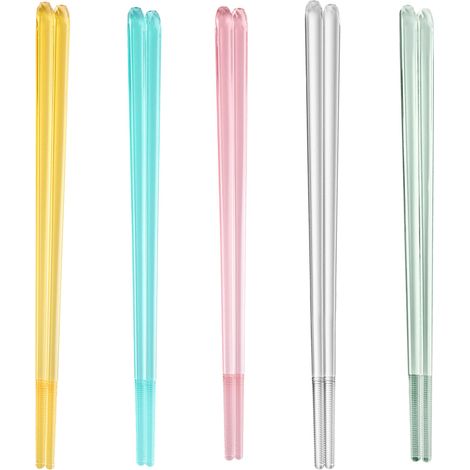 5 paires de baguettes transparentes de 5 couleurs différentes. Baguettes pointues en résine acrylique colorée. Baguettes ménagères. (1/5)