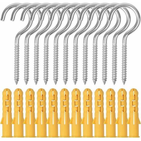 12 große Schraubhaken, M6 x 90 mm Edelstahl-Schraubhaken, Deckenschraubenhaken mit Verlängerungsrohren zum Aufhängen von Körben, Bechern, Wänden, Garten (A)