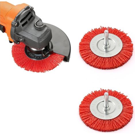 2 Pièces Brosse Nylon Perceuse, Rond Brosse pour Meuleuse D'angle Ø 75 mm, Rouge Brosses Nylon Circulaire, Brosses Fil Abrasif avec Tige Ø 6 mm, pour Enlever Bavures, Rouille et Peinture (1/5)