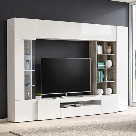 Dmora Mueble de salón, Made in Italy, con luz LED azul, base de soporte para TV y muebles altos y estantes, Conjunto de salón moderno, 290x40h192 cm, Blanco brillante y color cemento, con embalaje ref (1/5)
