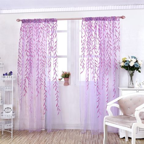Voile vintage brodé imprimé osier 100x200cm, panneaux de fenêtre en voile violet pour chambre, rideaux légers décoratifs, lot de 2 (1/3)