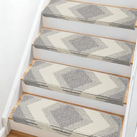 15er Set Bullnose Treppenstufenmatten Rutschfeste Teppich-Stufenmatten selbstklebend 76×24cm, für Holztreppen, Grau+Beige