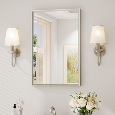 Keonjinn Miroir de Salle de Bain Mural 50 x 70 cm - Miroir rectangulaire avec carde en Aluminium - Nickel brossé - en verre trempé - pour Montage Mural Horizontal ou Vertical