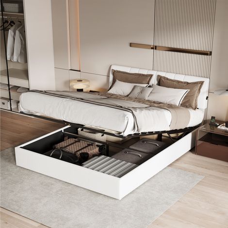 lit coffre double 160x200cm, lit 160x200 avec Sommier à Lattes, lit adulte, Chargement USB, cadre de lit, Blanc cassé, velours teddy