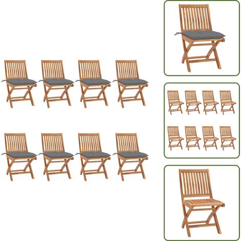 The Living Store Chaises pliables de jardin avec coussins lot de 8 Teck solide - Chaises de jardin teck (1/5)