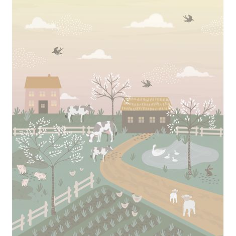 papier peint panoramique les animaux de la ferme vert et rose  - ESTAhome (1/5)