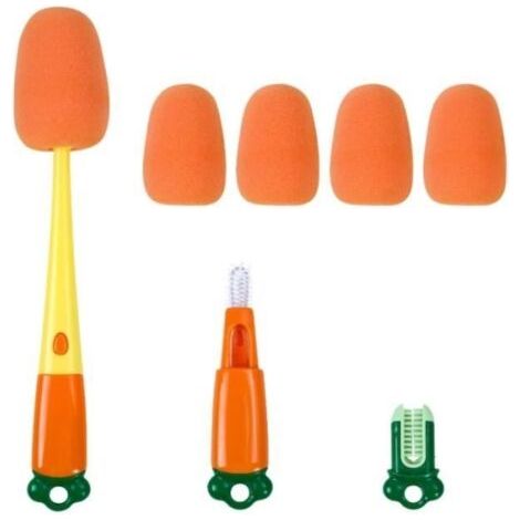 3 en 1 Nettoyage Biberon Brosse, Brosse à Bouteille, Brosse a Biberon avec 4 têtes d'éponge de Remplacement, sans Rayures, Orange