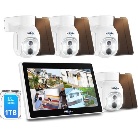 Sans Fil Kit Camera Surveillance WiFi Solaire avec Moniteur HDD, NVR Video Surveillance Exterieur Solaire Vision Nocturne Couleur, Detection Alarme (1/5)