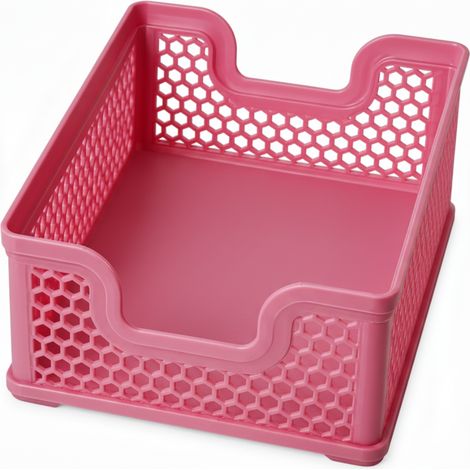 Cesta organizadora rosa calada, apilable para colocar en un estante de un armario.