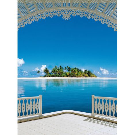 Papier peint panoramique paysage tropical | Tapisserie panoramique bord de mer pour salon | Papier peint panoramique bleu, blanc et vert - 192 X 260 cm (4 pièces) (1/2)