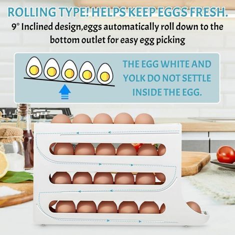 Rangement Oeufs,Frigo Distributeur Oeuf 4 Niveaux Distributeur D'œufs Pour Réfrigérateur Distributeur D'oeufs Roulant Pour Réfrigérateur Economiseur D'espace Egg Tray (Blanc) (1/3)