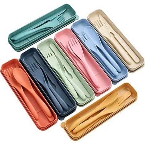 Couverts En Paille De Blé - 8 Ensembles Réutilisables Avec Étui - Pour Voyage École Camping - Fourchette Cuillère Couteau - 8 Pièces (1/4)