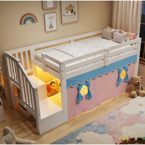 Halbhohes Kinderbett 90x200 cm aus Kiefer und MDF in Weiß mit LED, ohne Matratze – MEUBLIV (1/5)