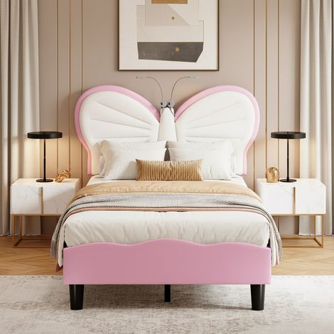 Letto singolo per bambini 90x200cm Letto imbottito con Testiera a Farfalla regolabile e LED Letto Principessa in Ecopelle Rosa (1/5)