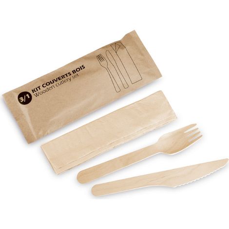 D-Work Lot de 100 Couverts Bois 3 Pièces - Fourchette, Couteau et Serviette - Bois de Bouleau Certifié FSC 100% - Jetable, Naturel et Contact Alimentaire - Parfait pour Repas à Emporter et Événements (1/5)