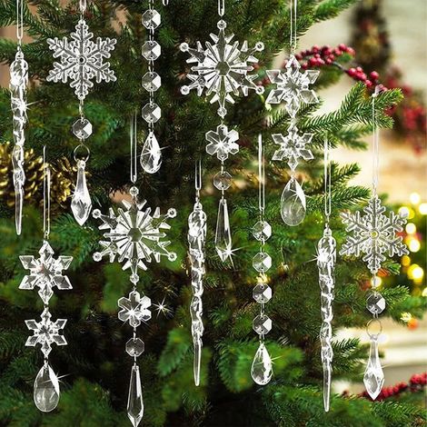 18 Pièces Acrylique Flocons De Neige, Flocon de Neige Decoration,Cristal Ornements de Sapin de Noël, avec 18 rubans pour Noël Fenêtres Cheminée Sapin de Noël Hiver Décoration (1/5)