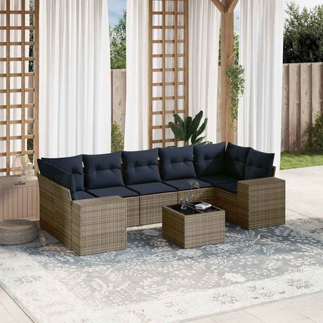 Salon de jardin modulable 8 pièces en résine tressée grise et coussins bleu marine - PANGIVO (1/5)