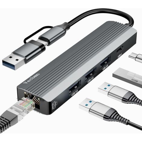 Adaptateur USB Ethernet, 5 en 2 Hub/Adaptateur USB C avec RJ45 Ethernet 1000 Mbit/s avec 3 U-SB 3.0, U-S-B C Port, U-S-B Type-C vers E-thernet pour Windows XP/Mac/Linux/Chromebook (1/5)