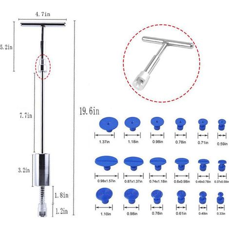 Kit d'extraction de débosselage sans peinture, outils de voiture, marteau coulissant à barre en T + 18 onglets de colle pour véhicule SUV, dissolvant de dommages causés par la grêle-Crezuo (1/4)