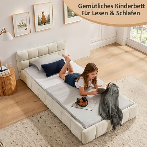 Cadre de lit 90x200 cm pour enfant, revêtement chenille douce, matelassage en carreaux, structure en bois d'eucalyptus écologique et fer robuste, assemblage aisé, teinte Beige (matelas non inclus) (1/4)