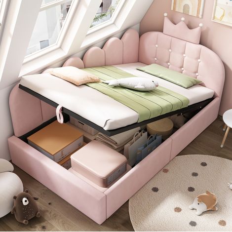 Letto a giorno imbottito 90x190 cm in velluto rosa con contenitore e design corona (1/5)