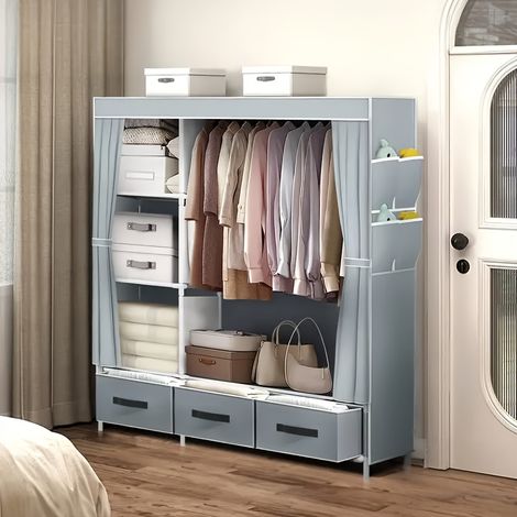 Armoire Portable Pliable – 6 Compartiments, 2 Barres. Rangement Multi-Niveaux. Modèle (Gris). (1/4)