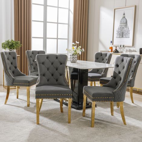Lot de 6 chaises de salle à manger,dossier avec anneaux ronds,rembourrée et cloutée,pieds acier inoxydable doré,velours gris/or moderne.