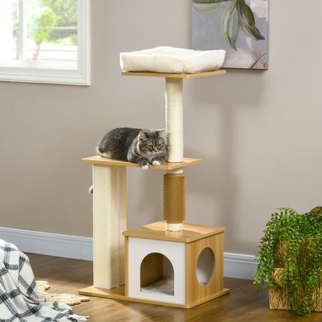 Arbre à chat avec niche, 1 couchage, 1 surface de couchage, 59,5 cm x 39,5 cm x 114 cm, marron et blanc