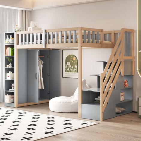 Letto a soppalco moderno 90x200 cm in legno grigio e color legno, con armadio, scaffali, scala di sicurezza e rete a doghe (1/5)