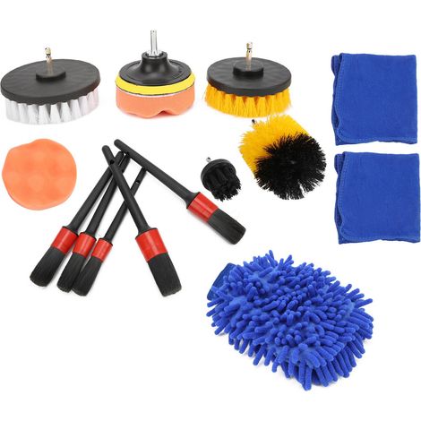 Lot de 15 brosses de detailing auto avec brosse perceuse, chiffon microfibre, pad de polissage et gant de lavage pour jantes, tableau de bord et moteur (1/5)