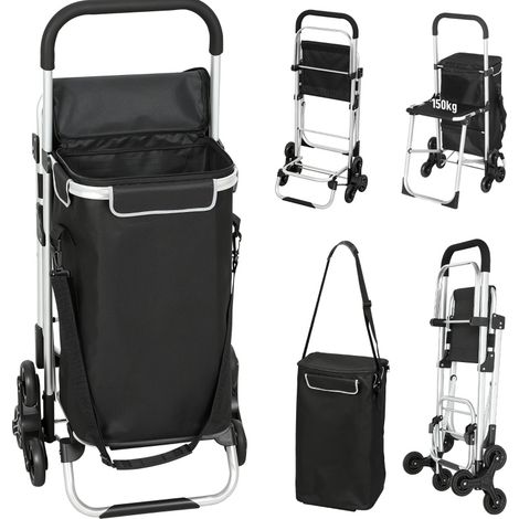 Carro de compra con asiento, bolsa Oxford 40 L, 3 ruedas para escaleras, aluminio, negro (1/5)
