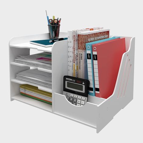 Organisateur de Bureau Multifonctionel en PVC Corbeilles à Courrier Boîte de Rangement Étagère de Dossiers Porte-Documents Compartiment de Rangement pour Bureau Maison et École (1/5)