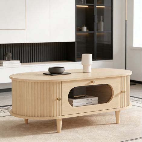 Tavolino da salotto 100x50x36 cm effetto rovere, con 1 cassetto in vetro e 2 ante a tamburo, in MDF (1/5)